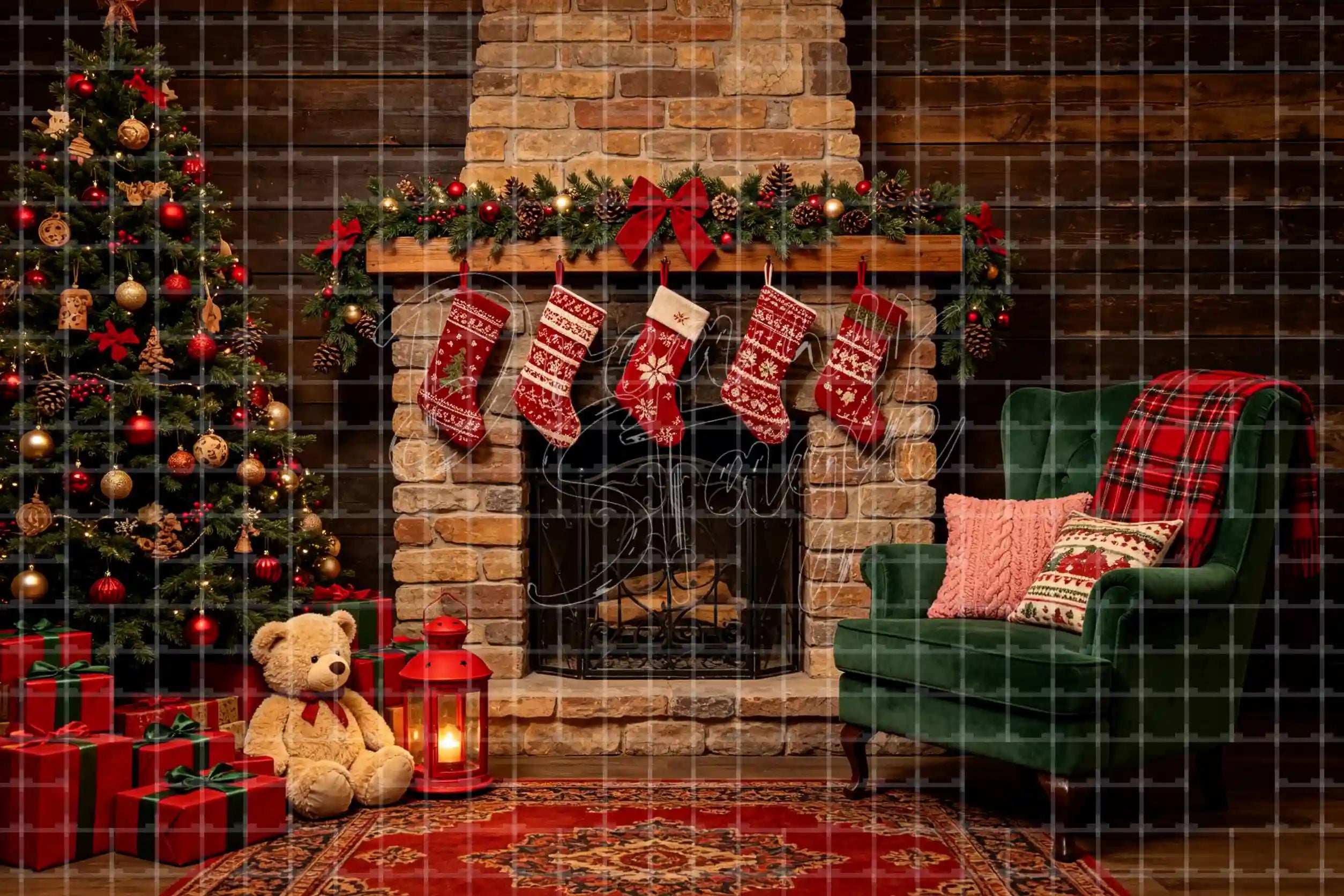 Rustic Christmas fireplace digital photo booth backdrop with stone hearth, stockings, green armchair, teddy bear, lantern, tree, and holiday background.
