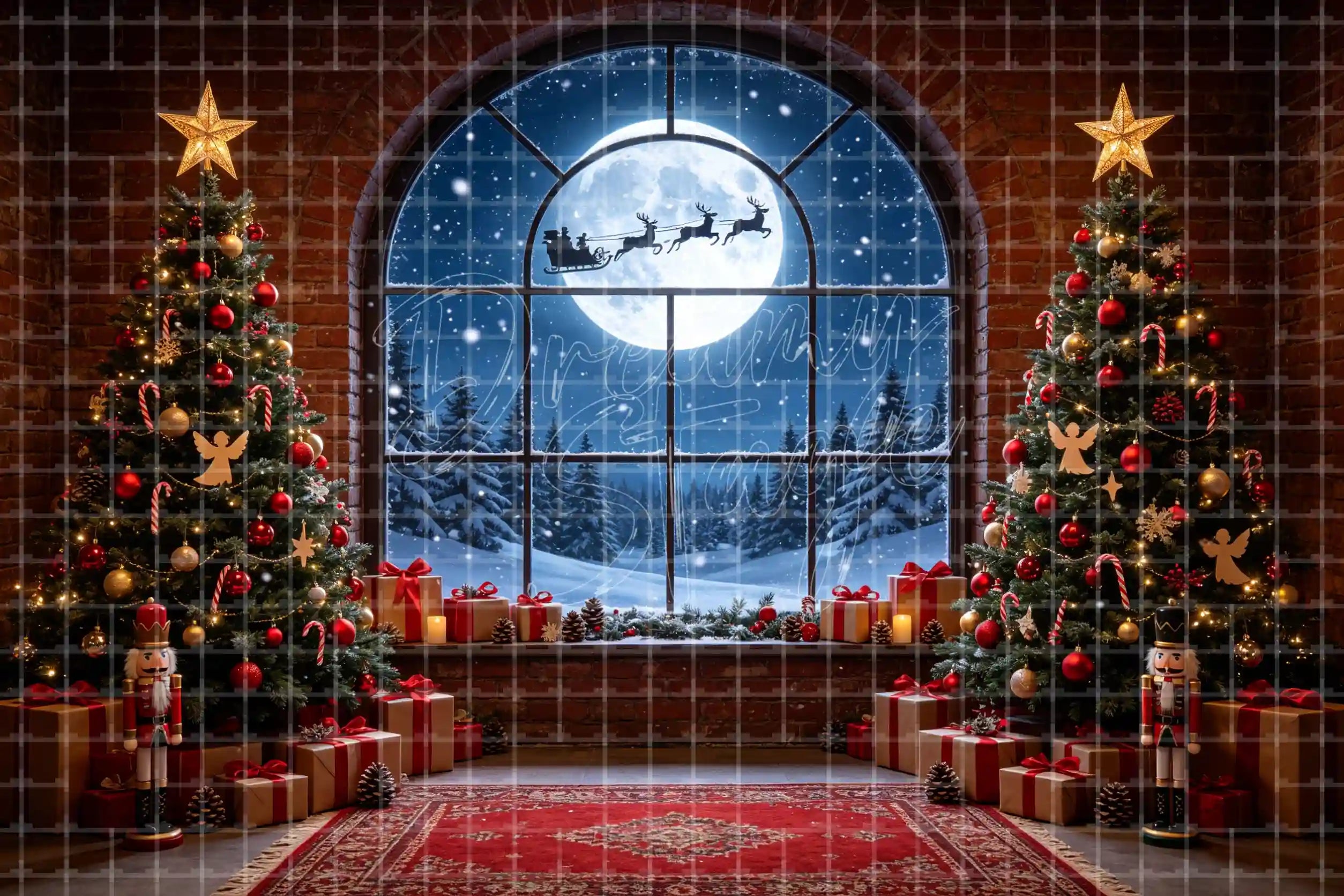 Santa sleigh Christmas window digital decor backdrop with moonlit snowy view, flying reindeer silhouette, twin trees, red curtains, gifts, and holiday background.