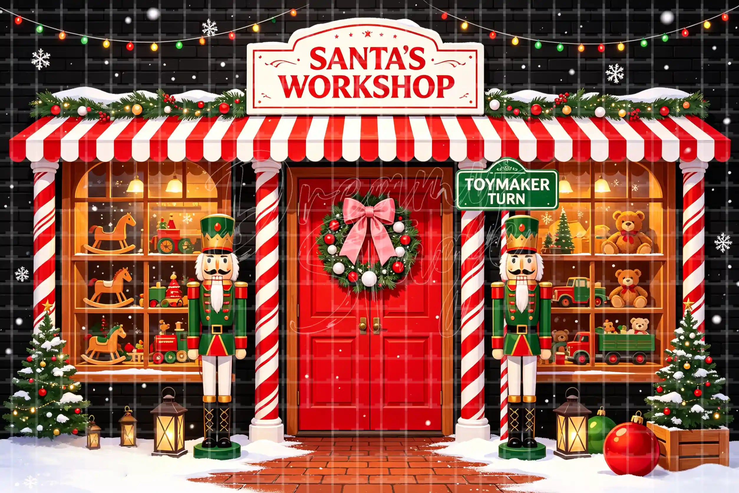 Santa workshop storefront digital decor backdrop with red door, toy shelves, nutcrackers, wreath, striped awning, and Christmas shop window background.