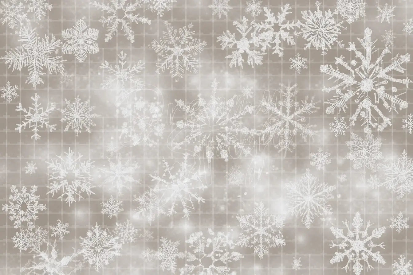 Silver snowflake bokeh digital backdrop with soft gray-white lights, layered snowflakes, dreamy winter texture, and Christmas background.