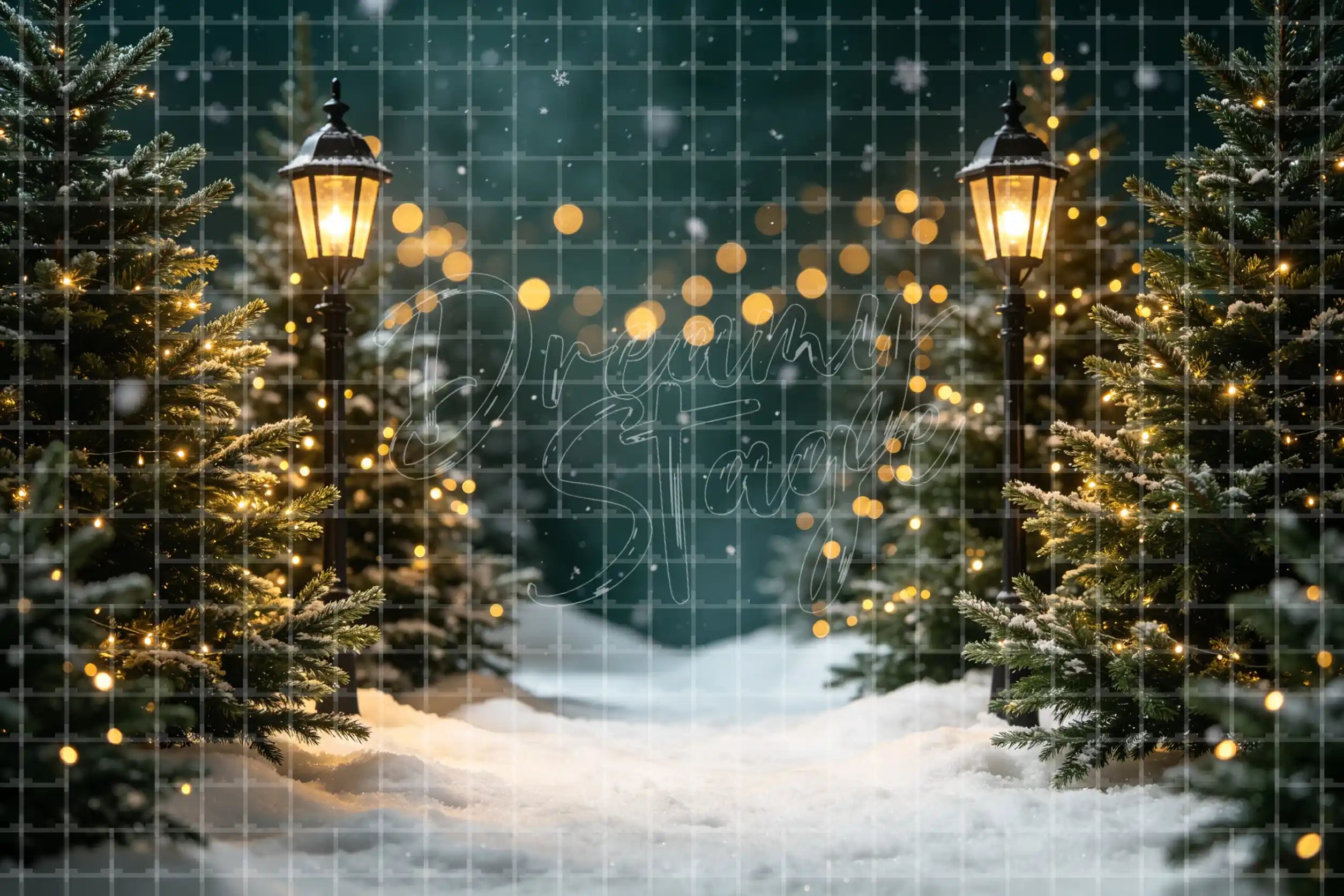 Snowy Christmas forest digital decor backdrop with pine trees, lantern light, golden bokeh, falling snow, and winter holiday background.