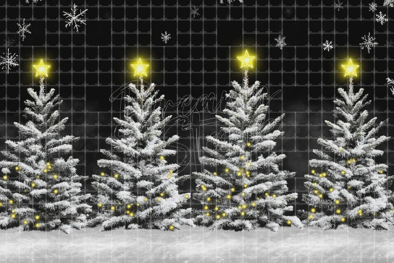 Snowy Christmas tree lights digital backdrop with glowing white trees, black night sky, falling snow, star lights, and winter holiday background.