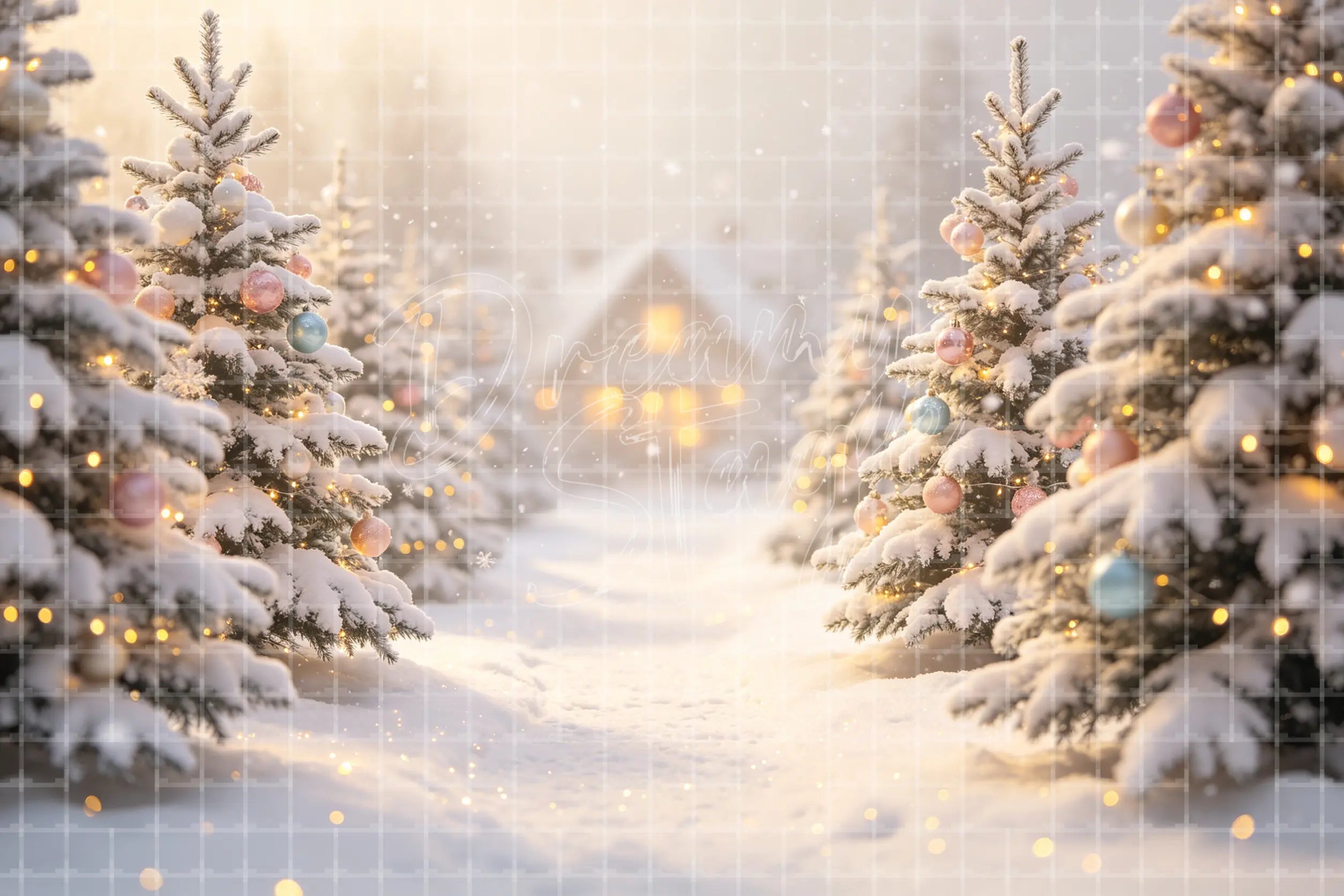 Snowy winter Christmas tree lane digital decor backdrop with glowing lights, snow-covered evergreens, distant house, and holiday event background.