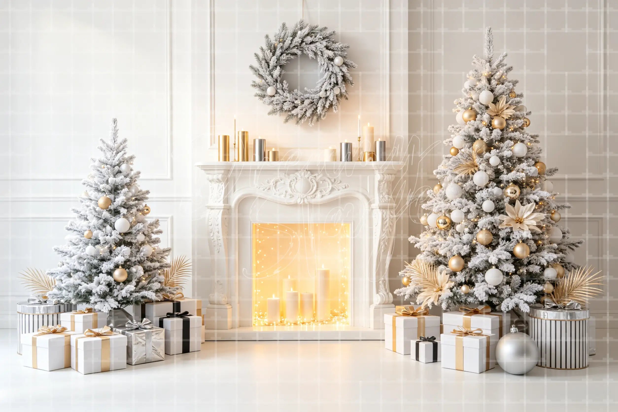 White Christmas fireplace digital decor backdrop with white mantel, candles, silver wreath, decorated tree, neutral gifts, and elegant holiday background.
