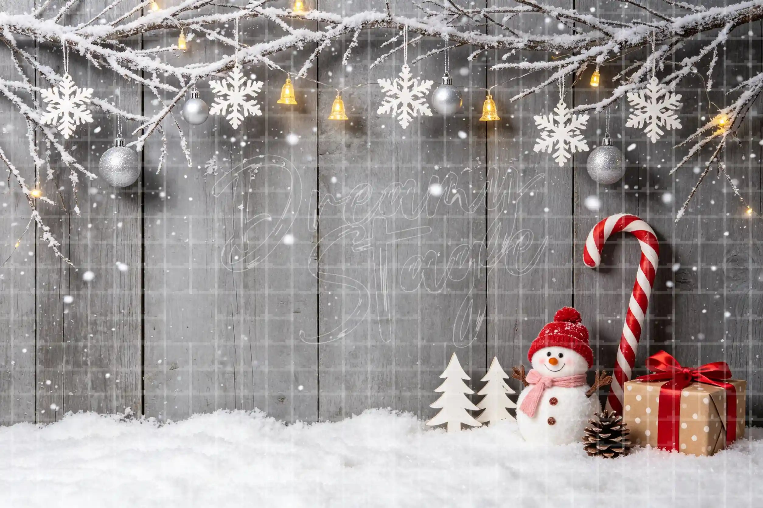 Winter wood fence snowman digital photo booth backdrop with snowy ground, frosted garland, silver ornaments, candy cane, gifts, and Christmas background.